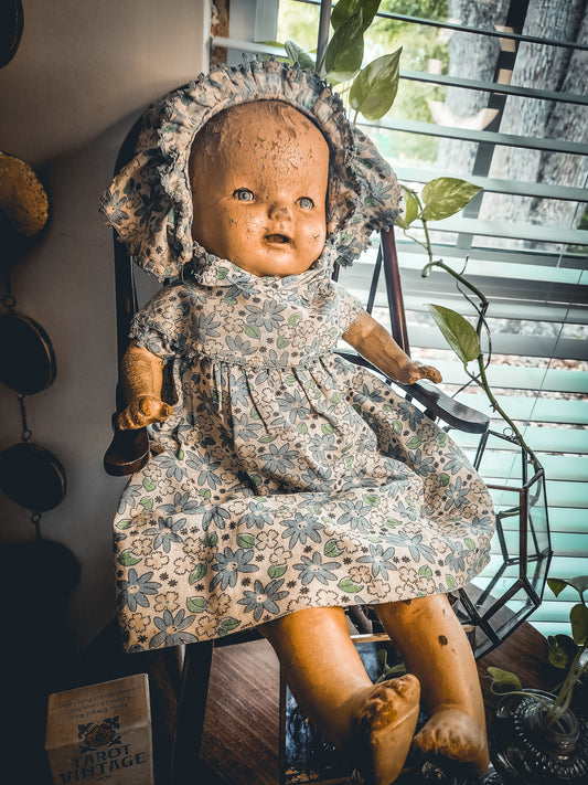 Composition Doll with Flour Sack Dress